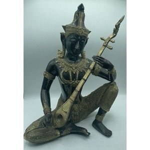 Gilt Bronze Statue Goddess Sarwasvati Playing Lute Teppanon Thai Tibet Angel